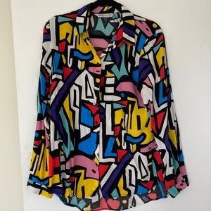 Big Dart Womens Multi-Color Blouse Retro Geometric graphic button down long slee